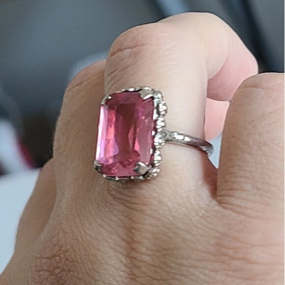 Vintage Boho Antique Sterling Silver Rectangle Pink Topaz Crystal Ring 6 - Picture 3 of 14
